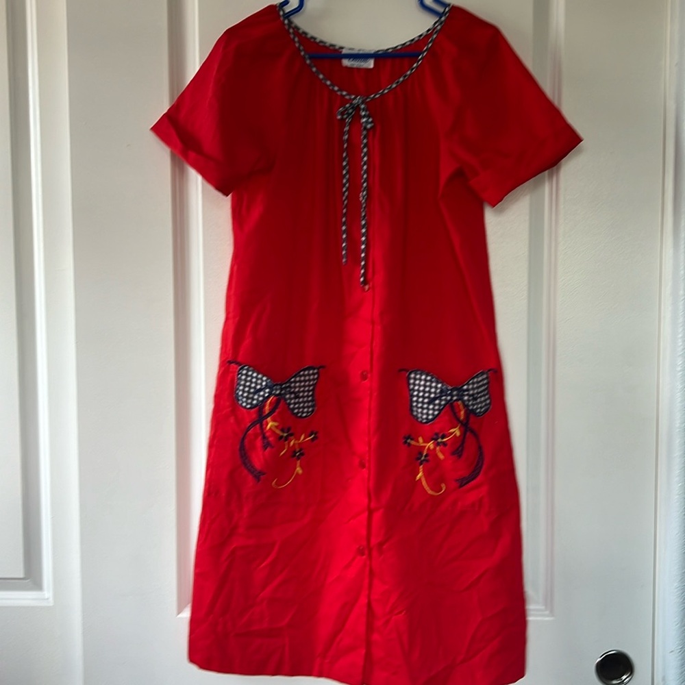 vtg 60s red cotton poly bows housecoat dress loungewear M